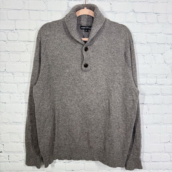 J Crew Henley Sweater Mens XL Brown Collared Lambswool Blend Preppy Chunky Fish - Picture 1 of 9